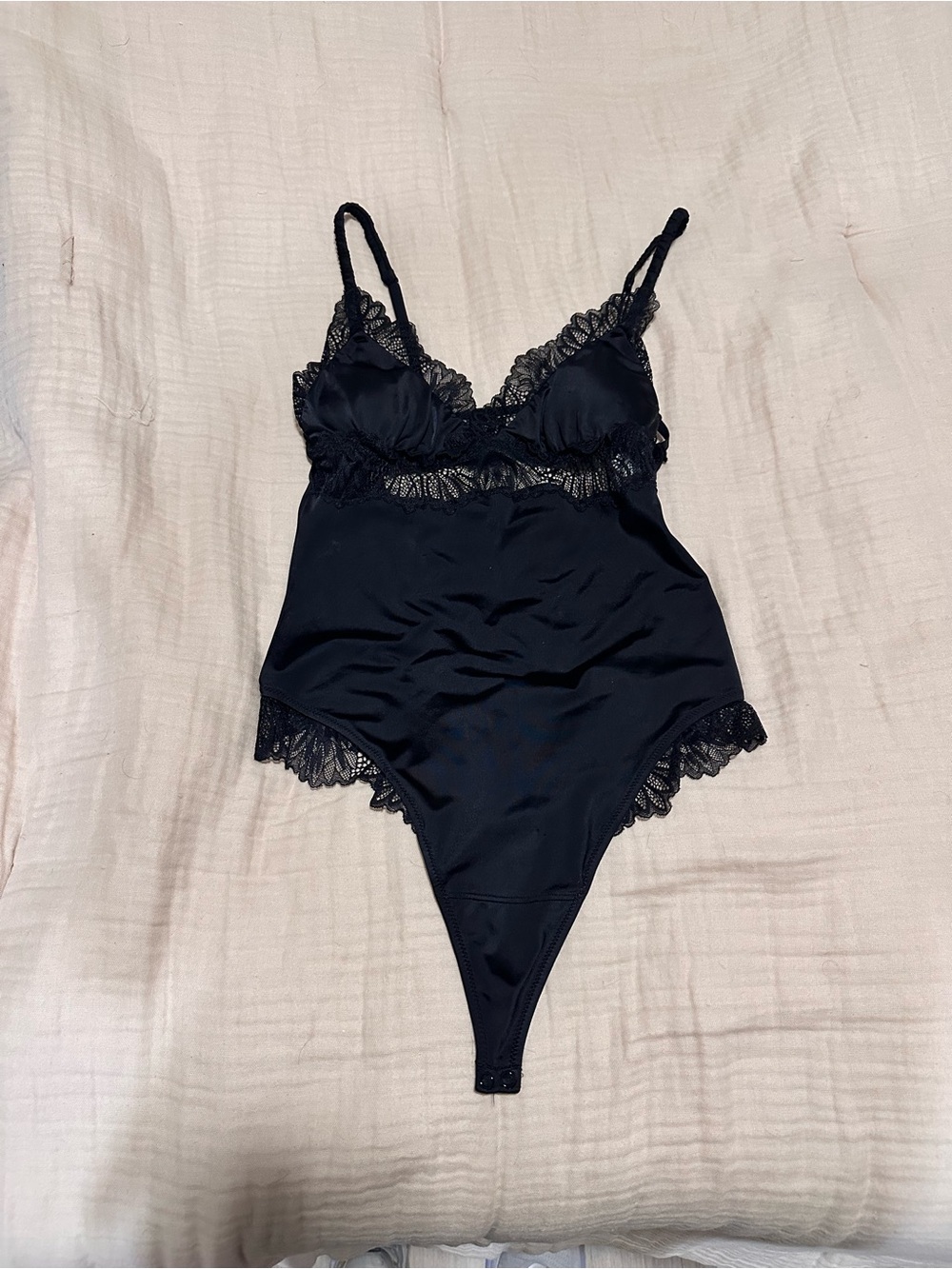 Abercrombie & Fitch Black Lace-Trim Satin Bodysuit